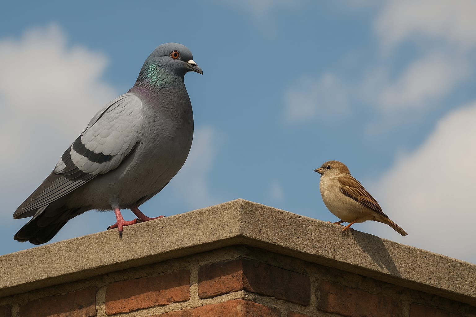 Image générée par IA représentant un pigeon et un moineau